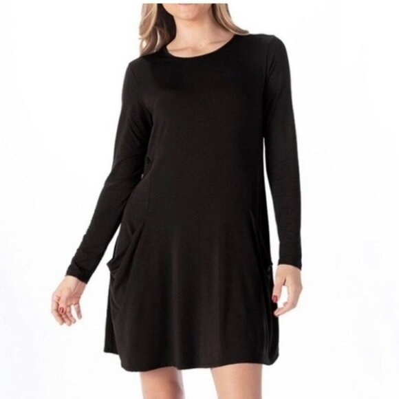 Betabrand Travel‎ Dress Women Medium Black Modal Silk Knit Long Sleeves Knee - Picture 2 of 10